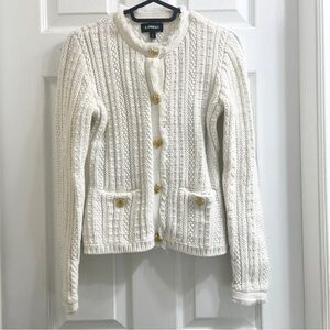 Express Parisian Tweed Ivory White Gold Knit Cardigan Cotton Sweater Jacket